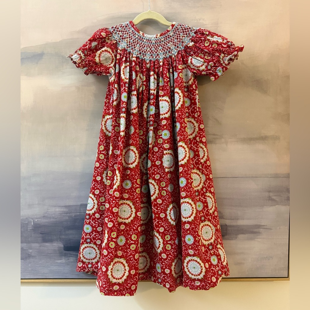 Girls Smocked Red Floral Whimsical Long Dress